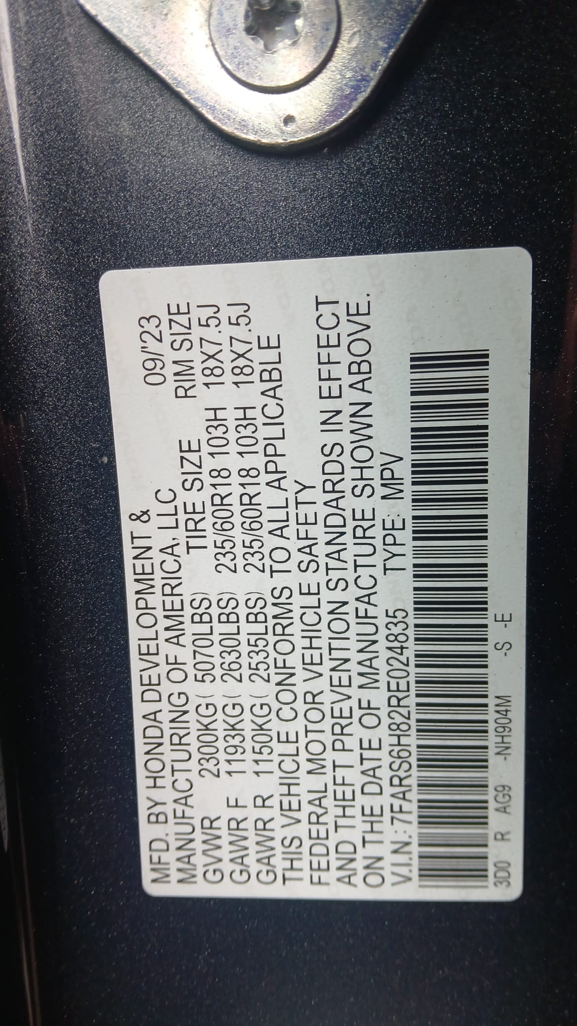 Honda CR-V – tabliczka znamionowa